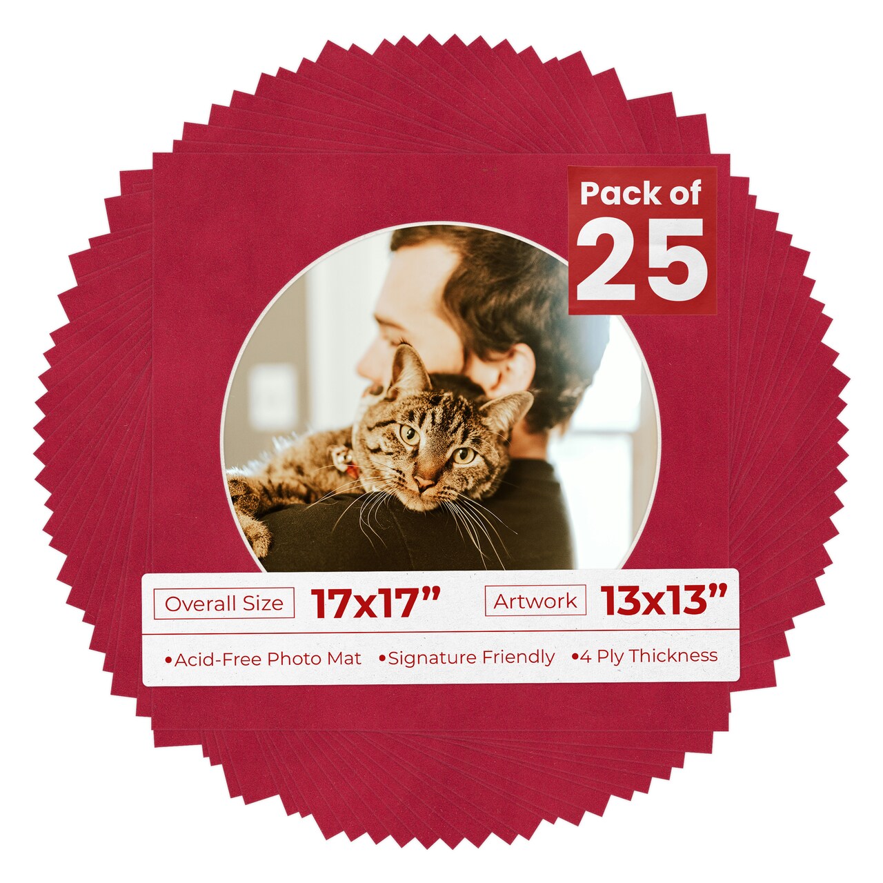 Red Suede Mat Board for 17x17 Frames - Circle Opening for 13x13 Photos
